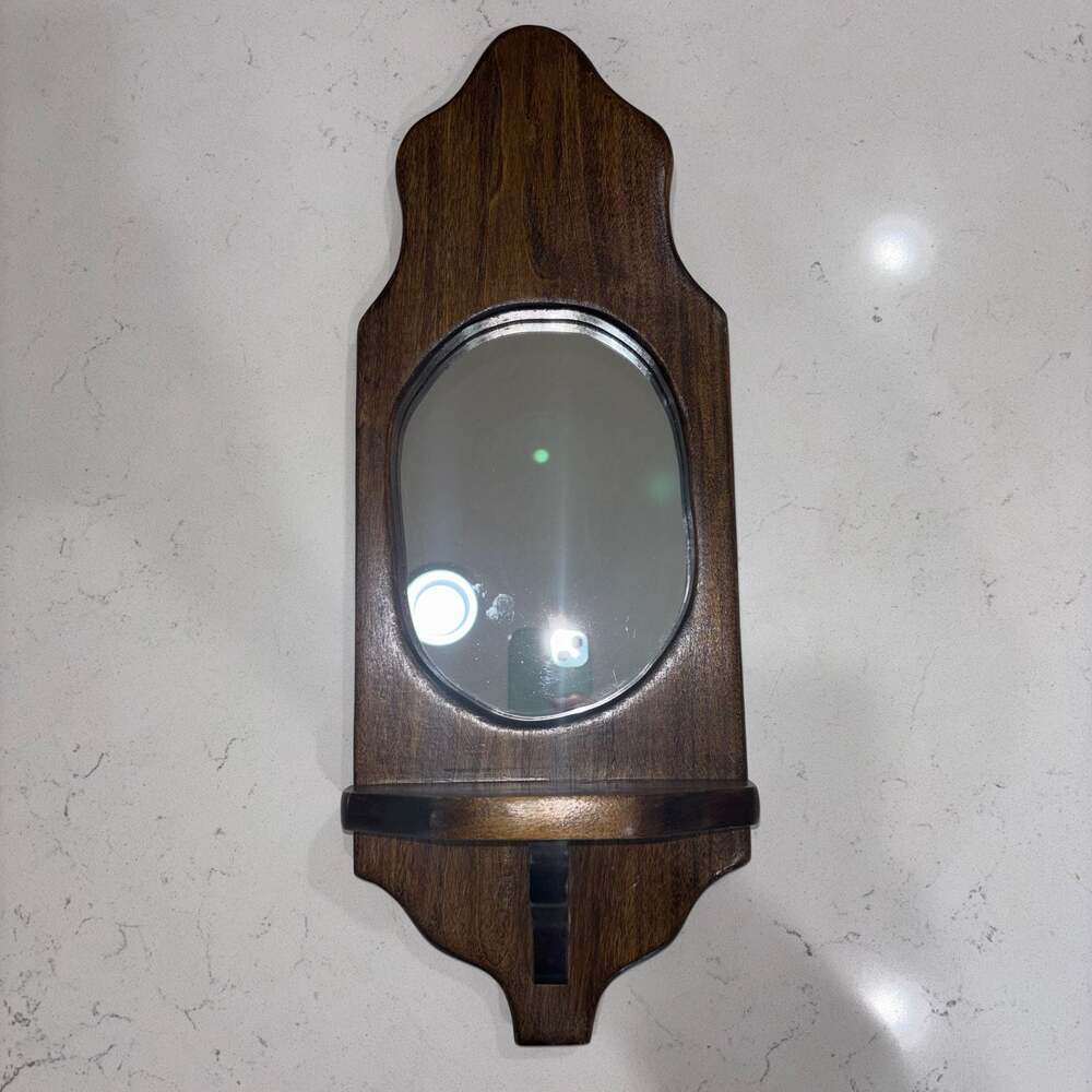 Vintage Wall-Mounted Dark Wood Sconce with Oval Mirror and Shelf